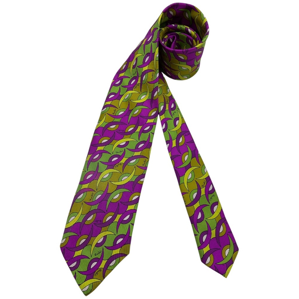 EMILIO PUCCI Purple/Green Geometric Silk LUXURY Lightweight Tie ITALY